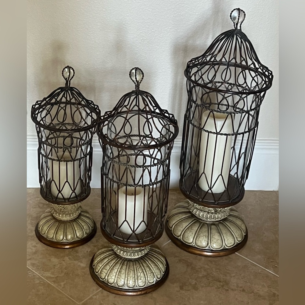 Decorative 3 Pc Rustic Distressed Metal & Wood Bird Cage Pillar Candle Holders